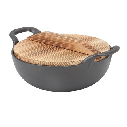 Cast Iron Wok with 2 Handle Wooden Lid Frying Pan with Flat Base Uncoated for Stir Fry Grill Steam Authentic 7.9in