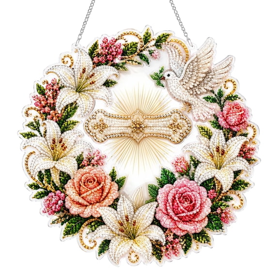 Cross, Flowers & Dove Diamond Art Hanging Ornament Kit, 5D Special Shape Diamond Painting for Adults, Religious Suncatcher Window Hanging Decor, Christian Crystal Rhinestone Mosaic Craft Kit