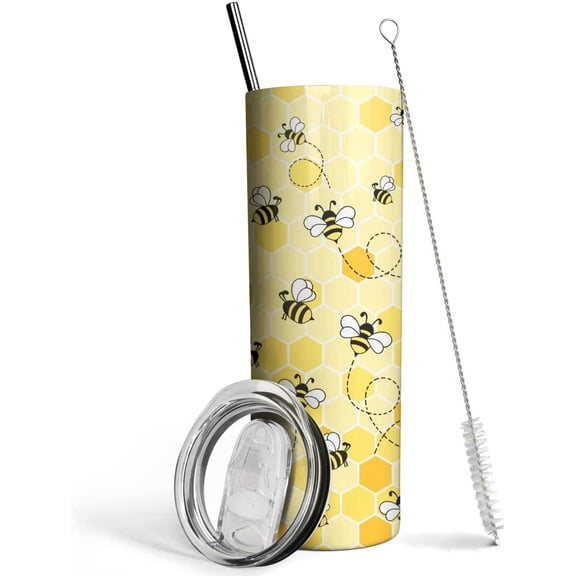 Bee Tumbler with Lid and Straw- Honey Bee Gifts for Women Men - Yellow Bee Coffee Mug, Cup, Skinny Tumbler, Water Bottles- Metal Thermal Insulated Tumblers 20 Oz -Bee themed gifts, Bee keepers Gift