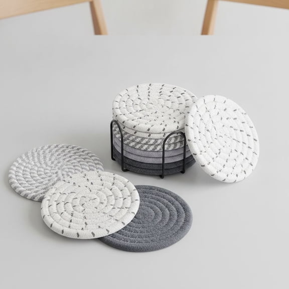 ROSOZ 8 Pack Cotton Linen Round Coasters with Metal Storage Holder, 4.3 Inch Heat Resistant Absorbent Drink Coasters, 4 Assorted Colors for Home, Kitchen, Dining & Living Room