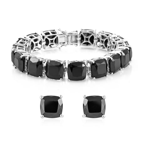 Color Peridot Channel Set - 925 Sterling Silver Platinum Plated Cushion Black Spinel Earrings Bracelet Set (6.5/7.25/8.25)