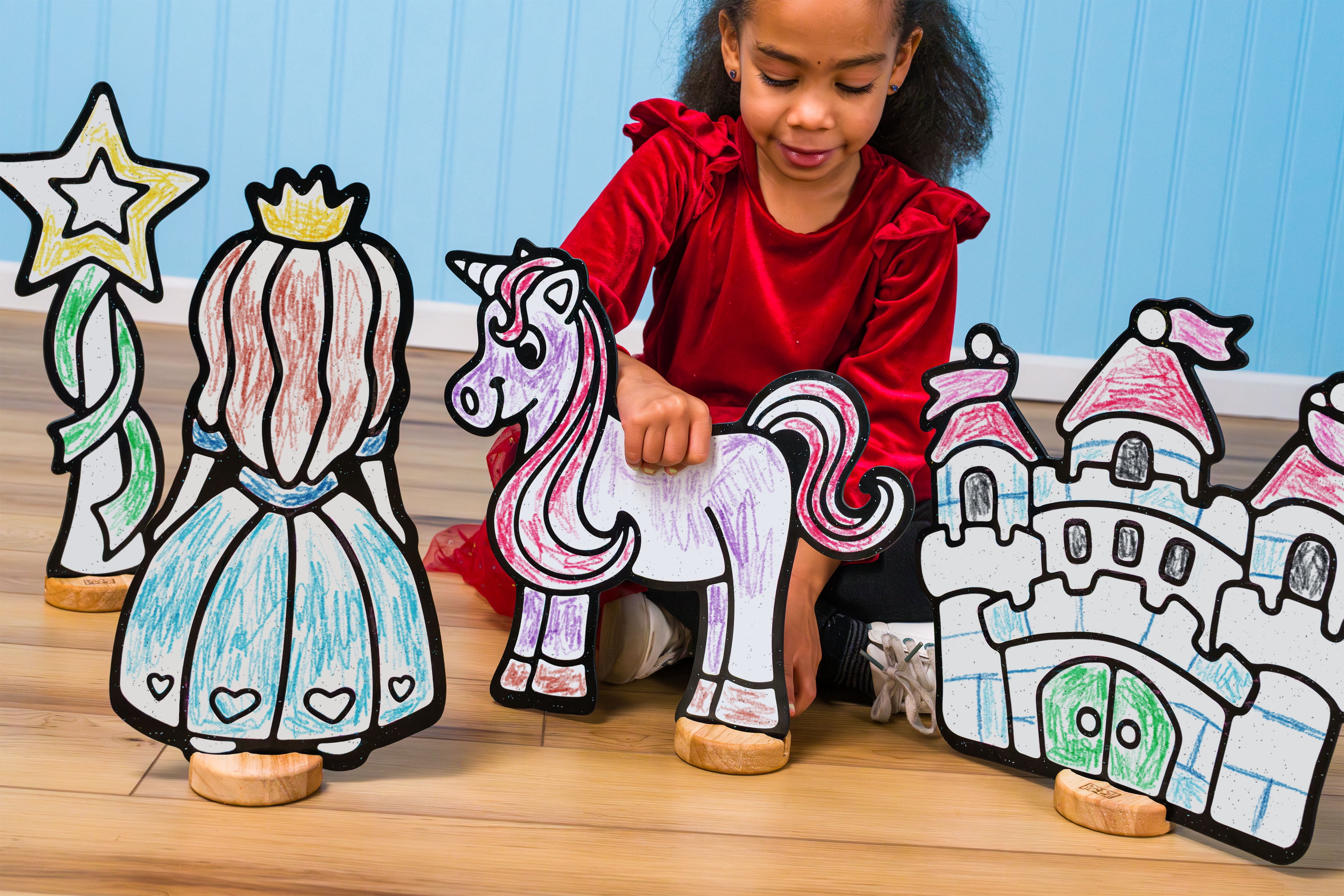 Fairytale Toy Set for Kids: Color, Play, and Wipe Away with Crayons and Eraser. Educational Reusable Coloring Toy with Castle, Princess, Unicorn, Star Wand.