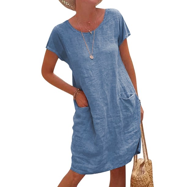 LilyLLL - LilyLLL Womens Cotton Linen Short Sleeve Tunic Dress Casual ...