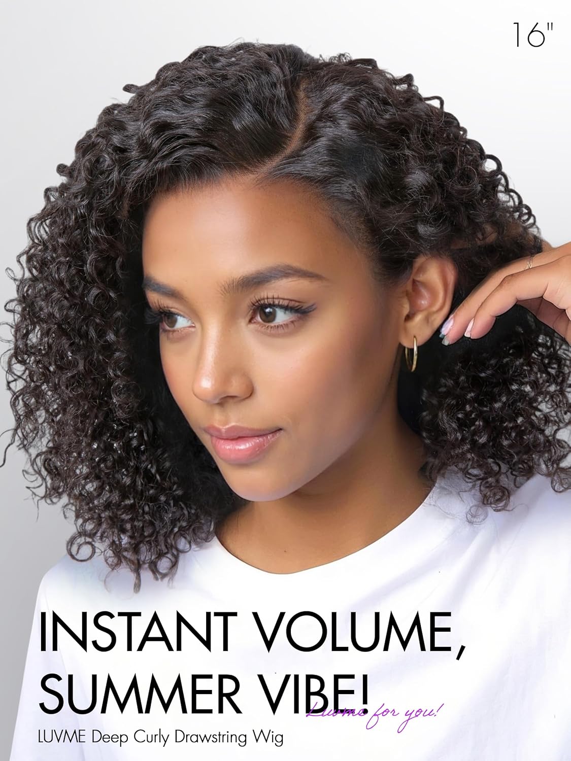 LUVME 100% Real Human Hair 18" HD Lace Frontal Wig Deep Curly Drawstring Cap Glueless Pre Cut Plucked for Women