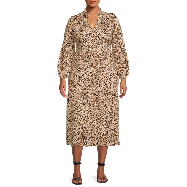 Terra & Sky Women's Plus Size Long Sleeve Printed Peasant Midi Dress ...