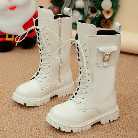ZHOGXU Big Kids Girls Mid Calf Boots Solid Color Lace Up Side Zipper Flat Sole Comfortable Fashion Shoes For Outdoor Activities Daily Wear White 3.5-4 Years