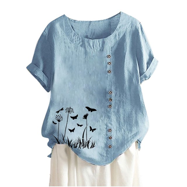 RKSTN Hauts d'Été pour Femmes 2023 Mode Coton et Lin Amples Brodés Imprimé Floral Col Rond Chemises Mexicaines Manches Courtes Décontracté Blouse de Couleur Unie