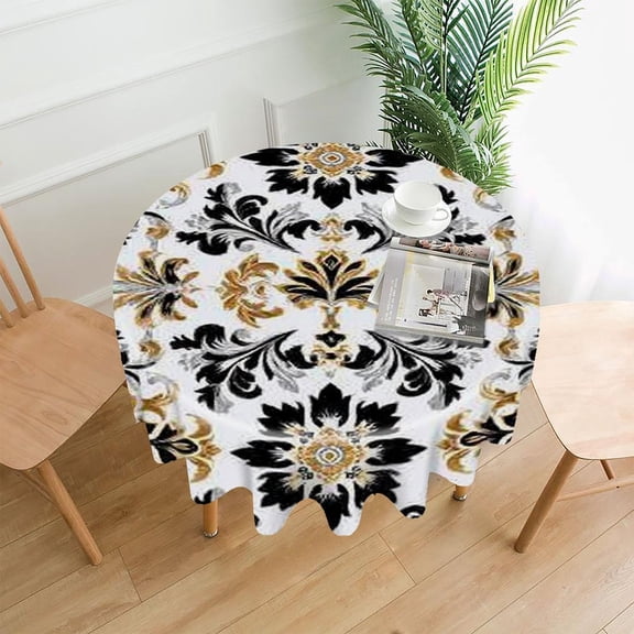 RKSupls 60 Inch Round Tablecloth, Damask Pattern Gold Premium Polyester Straight Edge Wrinkle Resistant Washable Table Cover for Party Home Dining Decor
