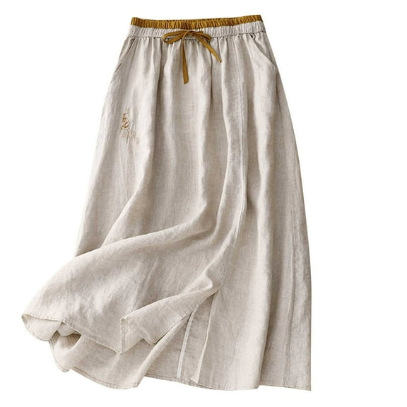 YABCSAZ Skirts for Women Cotton Linen Retro High Elastic Waist Pleated Drawstring Maxi Skirt Full Length Embroidery Skirt Summer Casual Loose Solid Color A-Line Flowy Swing Skirts with Pockets