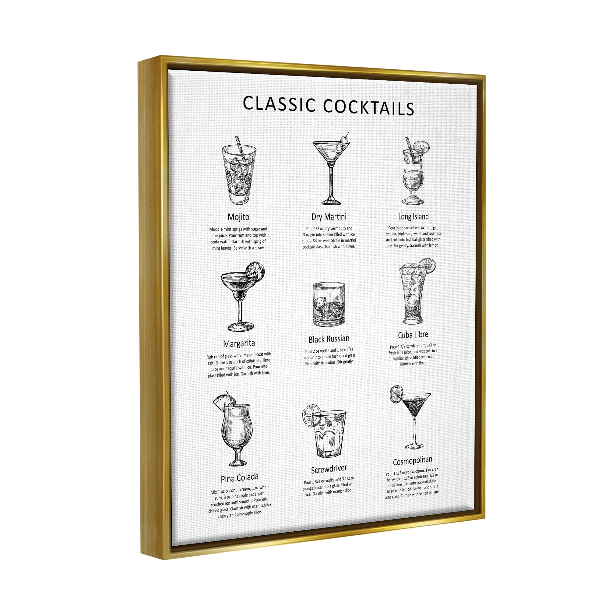 Stupell Industries Classic Cocktails Mixed Drinks Kitchen Bar Sign Chart Graphic Art Metallic Gold Floating Framed Canvas Print Wall Art, Design by Lettered and Lined