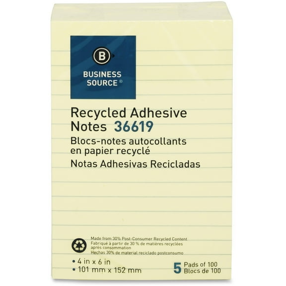 Business Source, BSN36619, Yellow Adhesive Notes, 5 / Pack, Yellow
