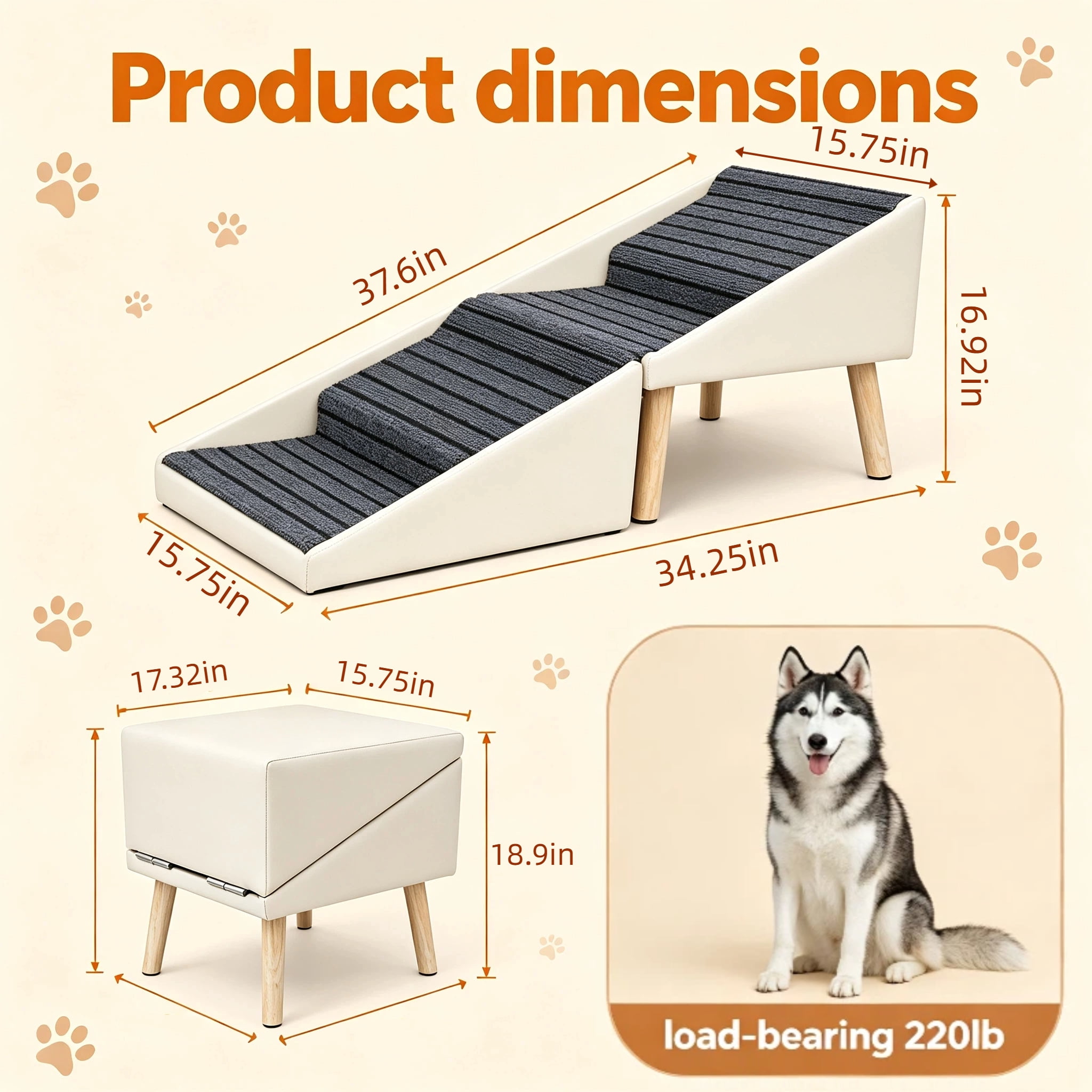 2-in-1 Dog Stairs for Bed and Couch 18.89" Foldable Dog Ramp for Couch 4 Pet Steps & Ottoman for Small Dogs, Beige
