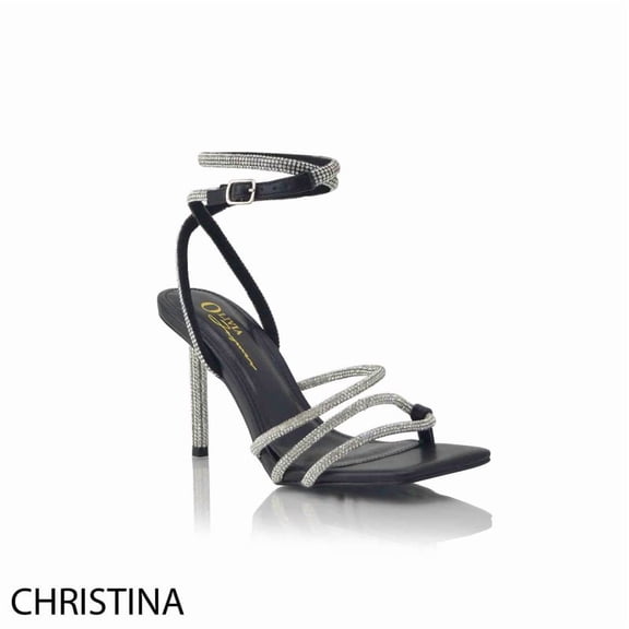 Women's Rhinestone Strappy Sandals, Square Open Toe Stiletto Heels with Ankle Strap, Black Sparkly Crystal Dress Sandals