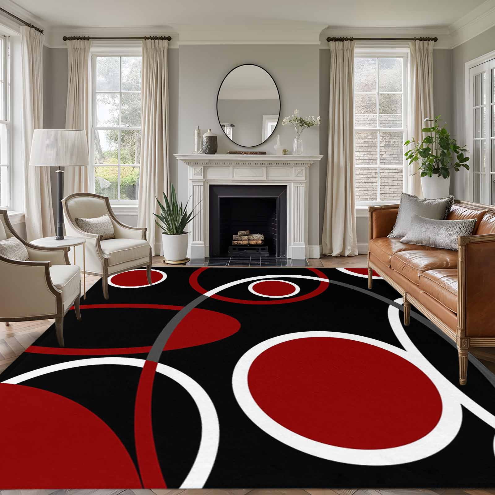 8x10 Area Rugs for Living Room, Black Red Non Slip Area Rugs for Kitchen Bedroom Entryway, White Circle Geometric Abstract Texture Washable Carpet Runner Rug Floor Mats for Bedroom Home Decor