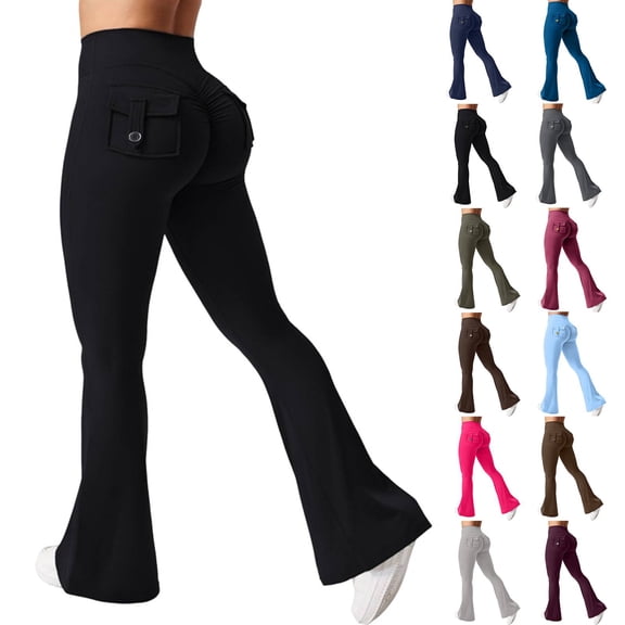 Flare Leggings for Women Butt Lift Yoga Pants with Pockets Gym Scrunch Workout Black S