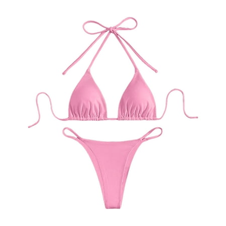 Jdkau Bikini Sets for Women Two Piece Triangle Bikini Set Sexy High Waisted Cheeky Swimsuit Halter Tie Back Bathing SuitsPink M
