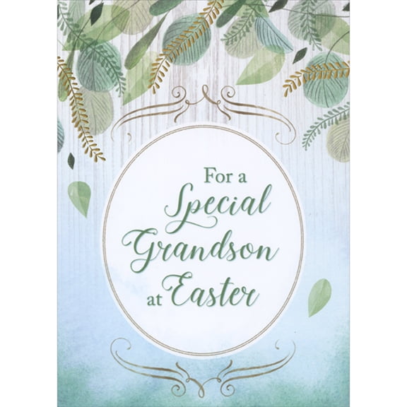 Designer Greetings Hanging Leaves and Gold Foil Vines Above White Egg Shaped Banner Easter Card for Grandson