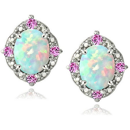2.86 Carat T.G.W. Created Opal and Pink Sapphire Diamond Accent Sterling Silver Oval