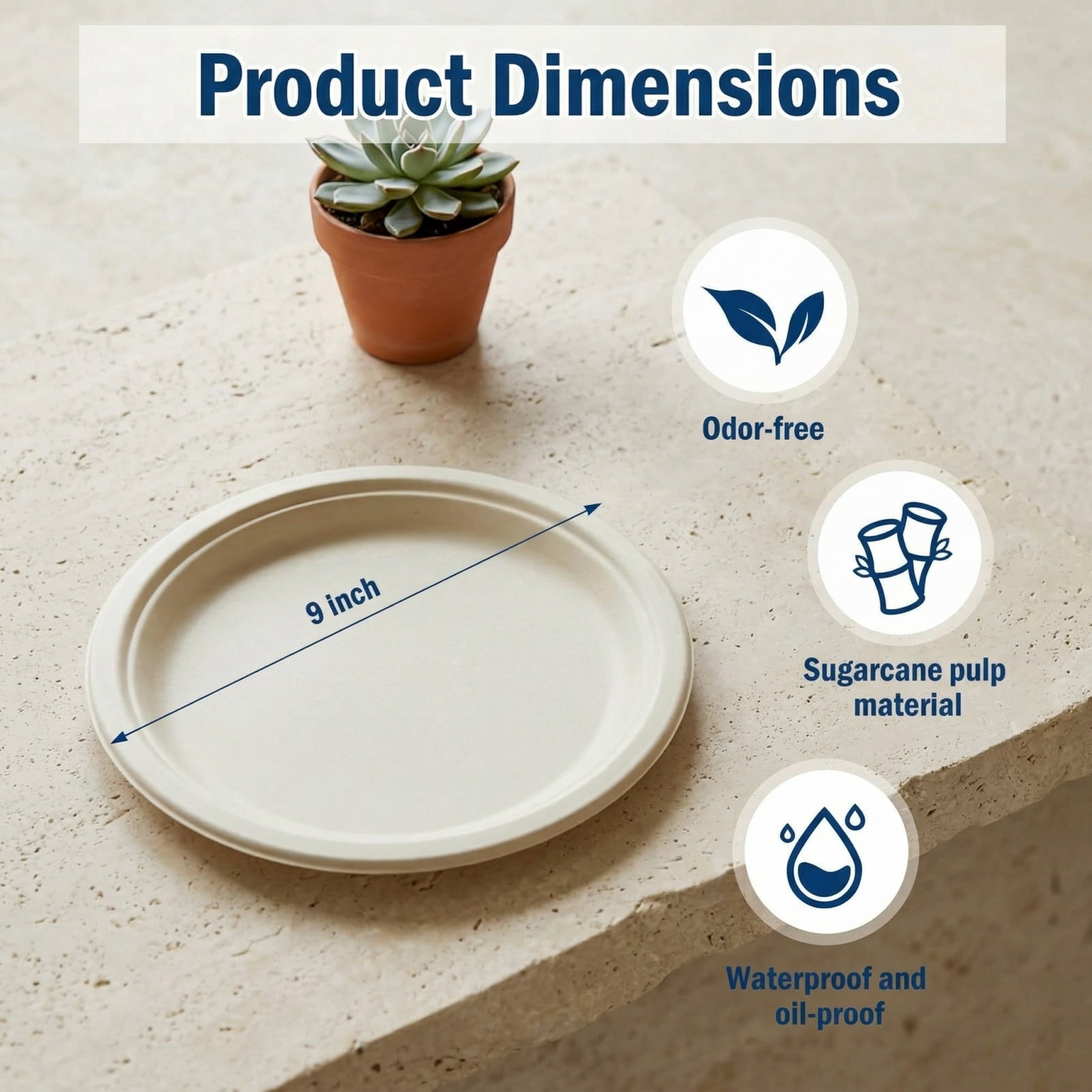 150-Count 9 Inch Compostable Paper Plates, Heavy-Duty, Microwave-Safe, Grease-Resistant, Disposable Bagasse Dinnerware for Parties & Outdoor Dining