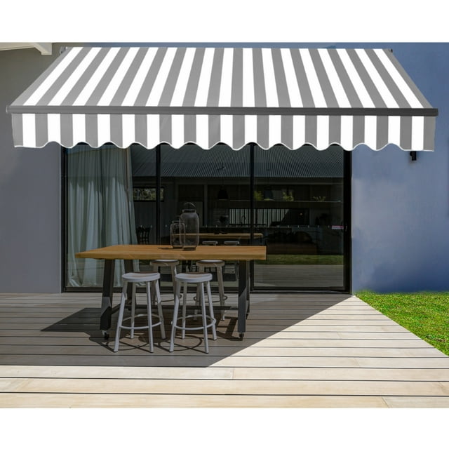 ALEKO Motorized Black Frame Retractable Home Patio Canopy Awning 20x10 ft, Gray and White Striped Color
