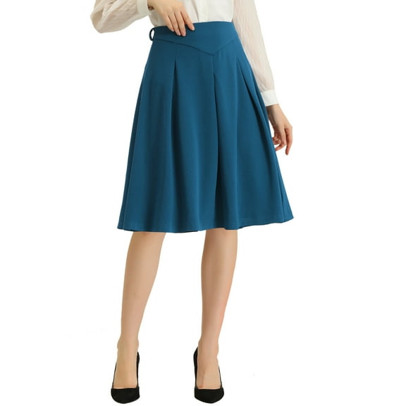 INSPIRE CHIC INSPIRE CHIC Women's Office Work Skirts Belted Waist Midi A-Line Pleated Skirt XS Blue