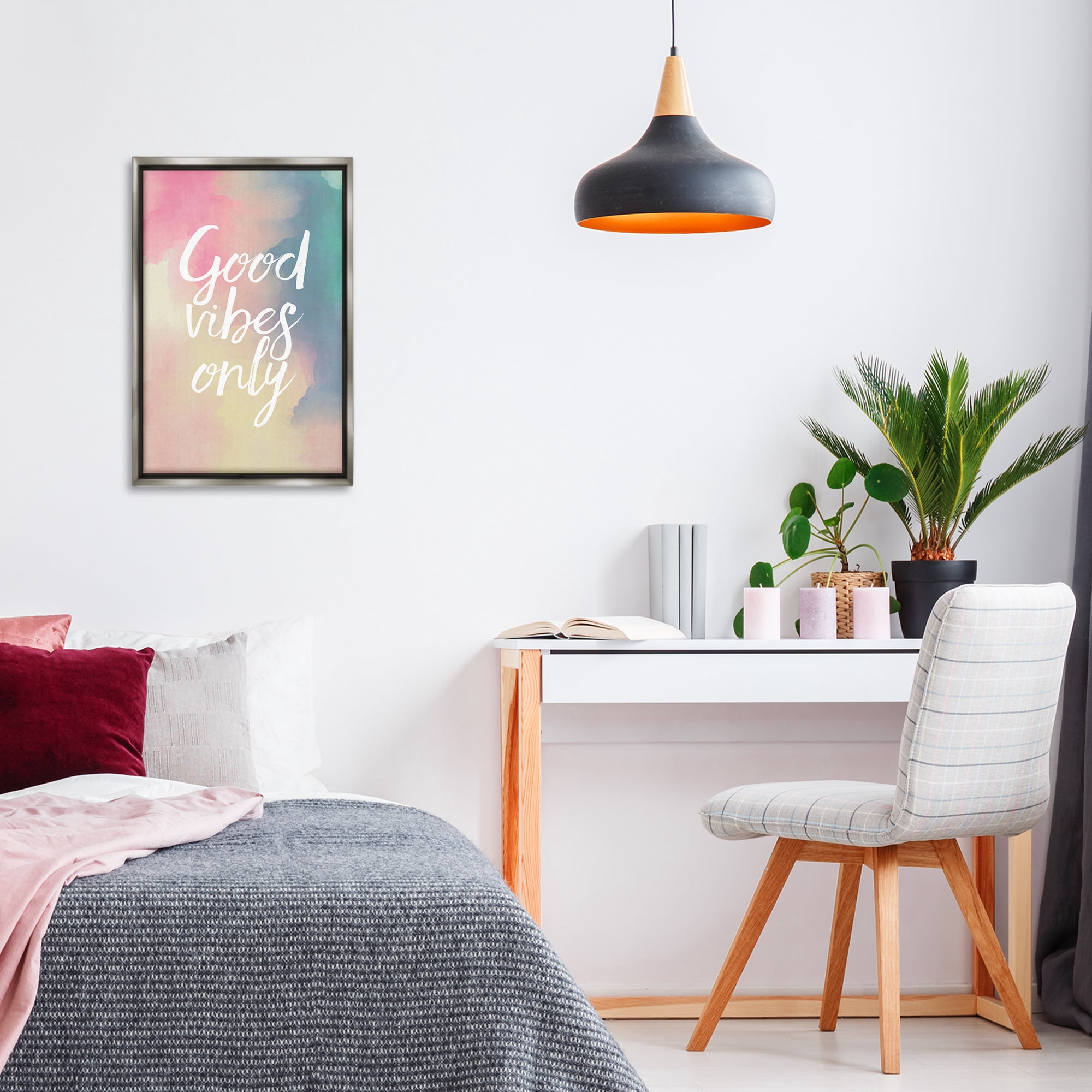 Stupell Industries Good Vibes Only Ombre Typography Painting Gray Floater Framed Art Print Wall Art, 17 x 25