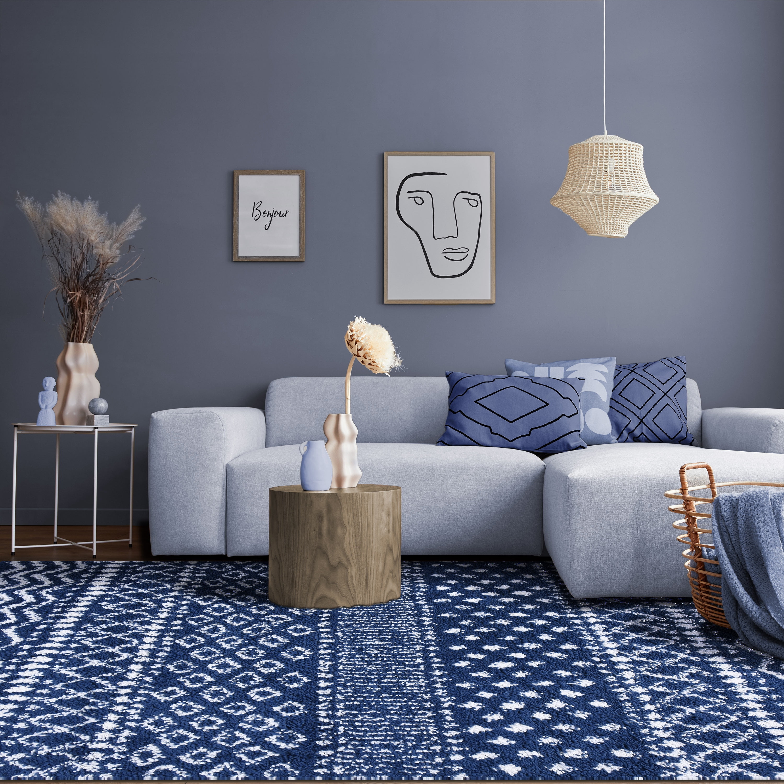 Boho Geometric Plush Shag Indoor Area Rug, Cream/Blue, 4' x 6'