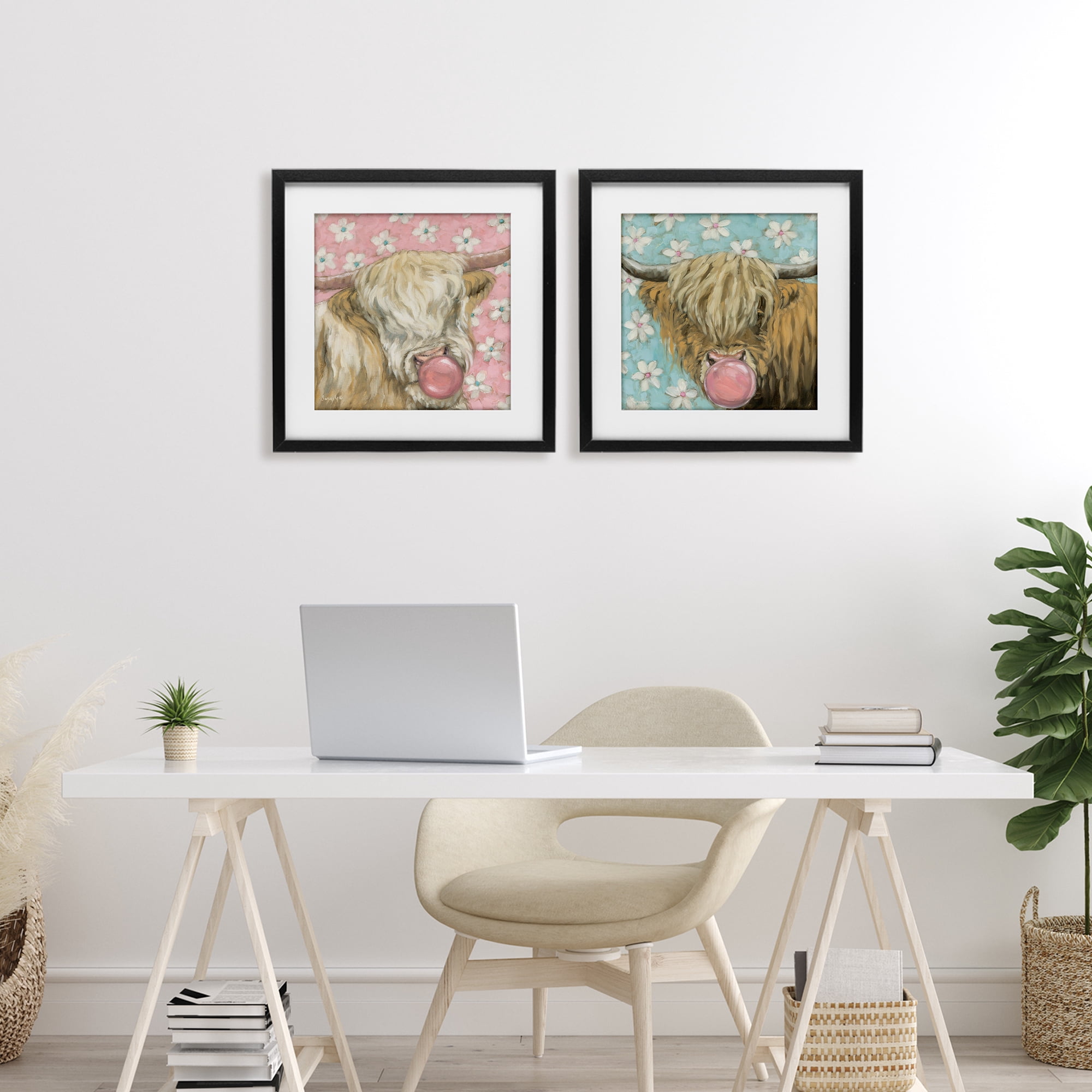 Stupell Industries Cute Bubblegum Highland Cattles 2 Piece Black Framed Print Under Glass Set, design by Sara G. Designs