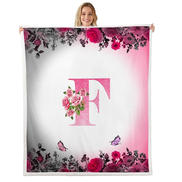 Erosebridal Letter Initial Throw Blanket for Couch 60x80,Monogrammed Personalized Fleece Blanket,Flower Decor