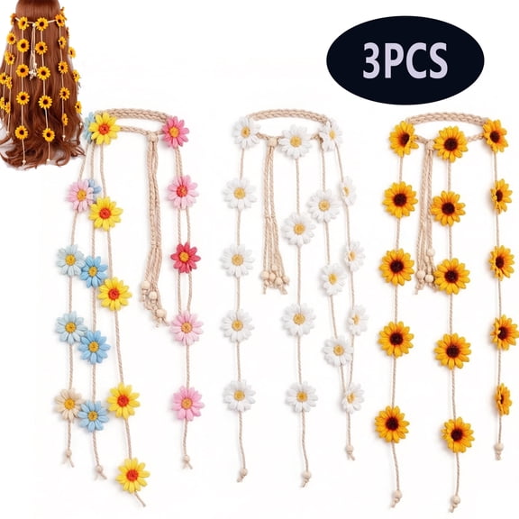 3Pcs  Summer Sunflower Hair Accessories  Daisy Headband Floral Crown for 70 s Bohemian Costumes Style for Women