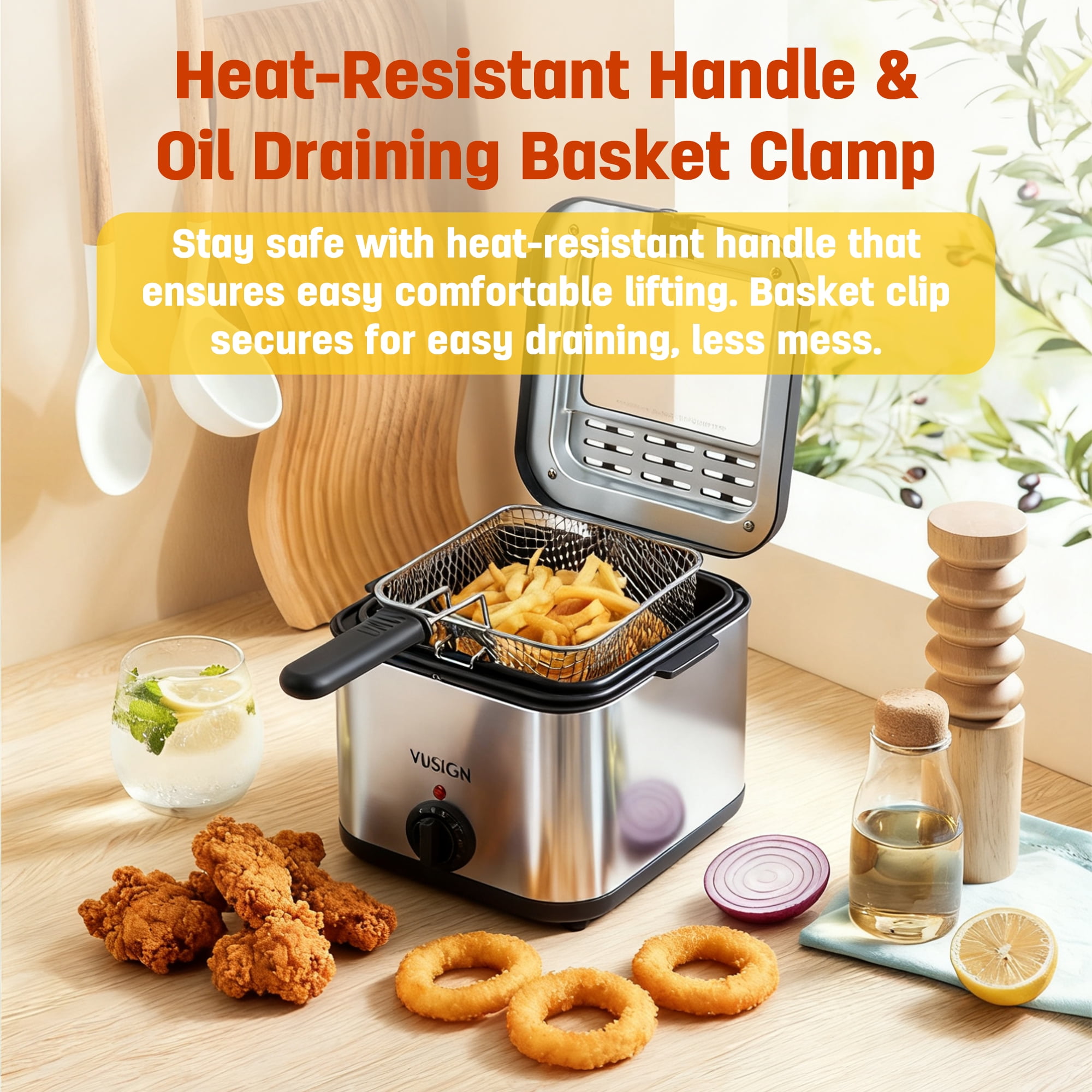 VUSIGN Electric Deep Fryer with Basket, 2.5QT Electric Fryer with Adjustable Temp & Timer,1000W,Easy-View Window,Stainless Steel