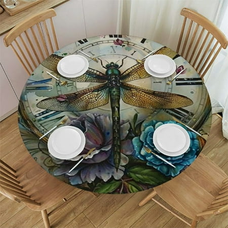 

YANMS Dragonfly Colorful Rose Flower and Vintage Clock Rustic Insect Round Table Cover Outdoor Fitted 100% Polyester Fiber 31-35