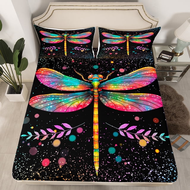 Drap-housse Dragonfly Format Simple, Drap de Lit Animal Libellule Coloré Feuilles Rustiques Pois Ensemble de Literie pour Enfants Adultes Polyester Doux Poche Profonde Drap 2 Pcs, Sans Drap Plat du Dessus
