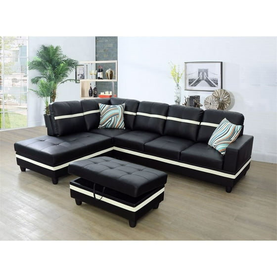 Ruscal Faux Leather Sectional Sofa With Ottoman In Black And White