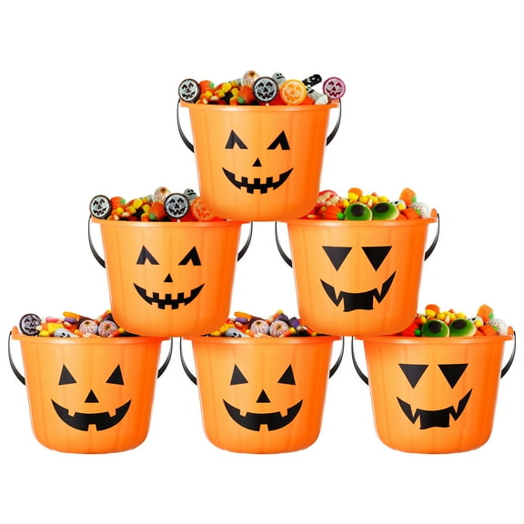 Cabilock 6Pcs Halloween Trick or Treat Pumpkin Bucket Candy Holder Pail Party Favor Basket with Handle Party Supplies (Orange)
