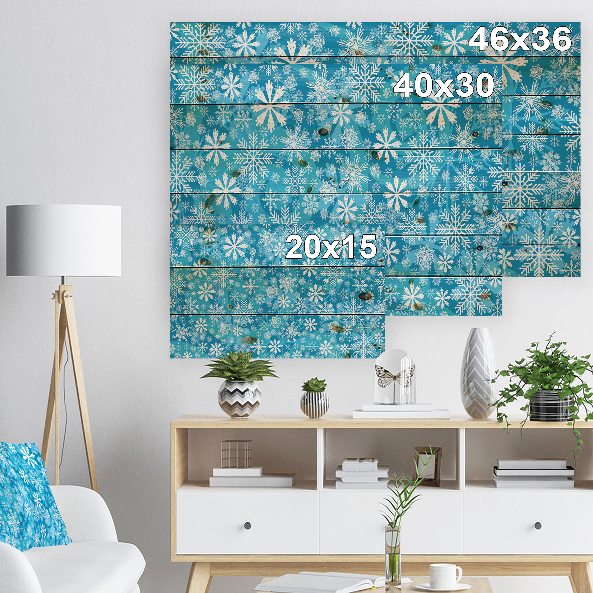 Designart 'Light Blue Snow Crystal Pattern' Print on Natural Pine Wood