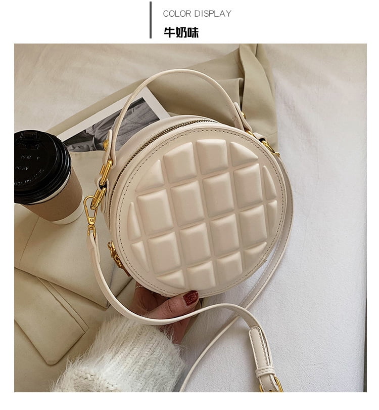 Baguery Quilted Round Crossbody Bag for Women - Faux Leather Compact Shoulder Purse (7.48×2.95×7.48in)