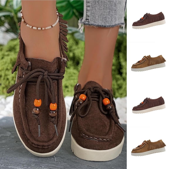 Women's Wide Width Boho Fringe Moccasin Flats, Faux Suede Beaded Lace-Up Platform Shoes, Comfortable Casual Dress Shoes for Spring & Fall, Multi-Color