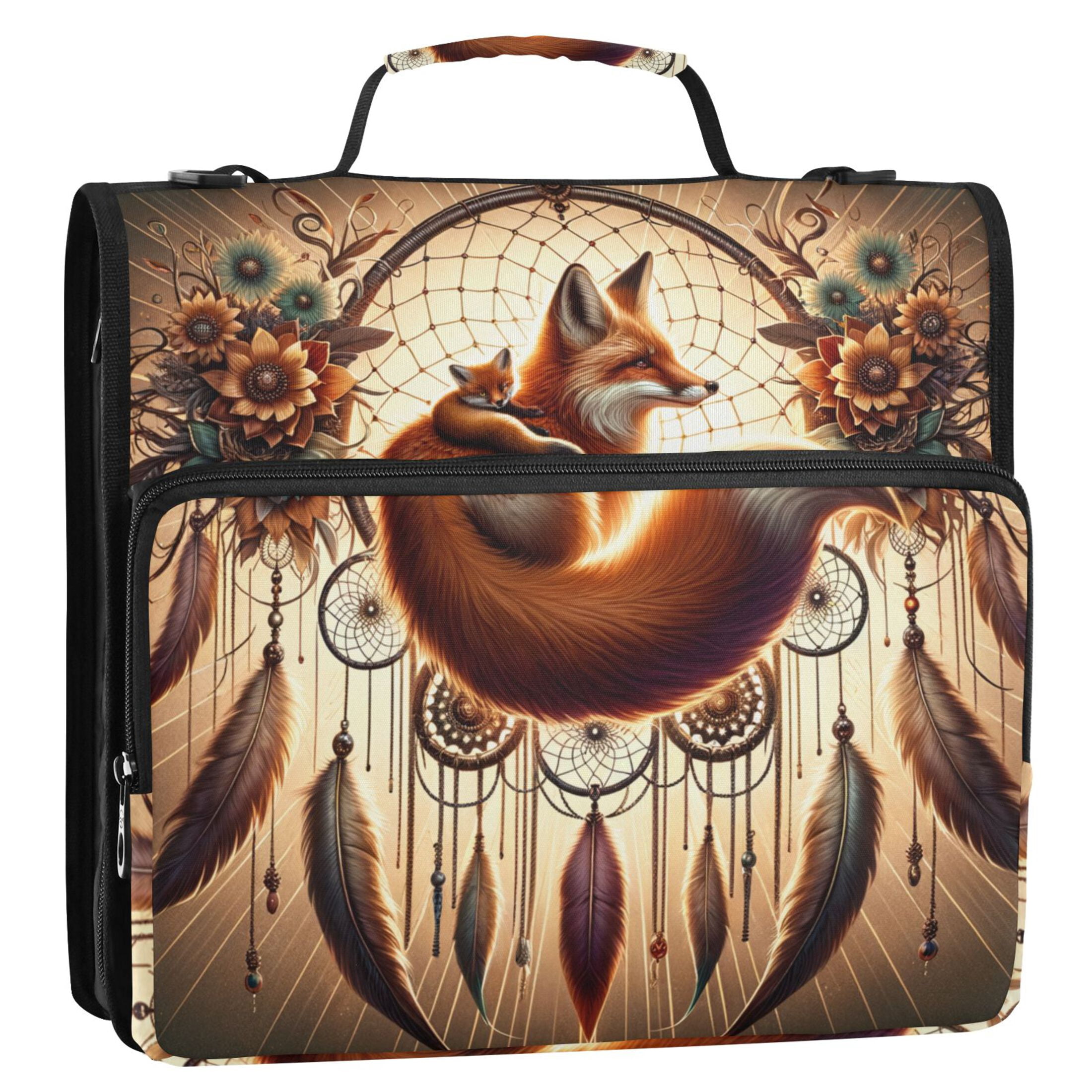 3 Ring Zipper Binder with Shoulder Strap Waterproof Trapper Keeper 2 Inch D-Ring 500 Sheets Capacity Foxes Flower Ring Feathers