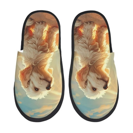 

Honeii Sunshine Golden Cloud Dog print Slippers Memory Foam House Bedroom Slippers for Women and Men Fuzzy Plush Comfy Faux Fur Lined Slide Shoes-Large