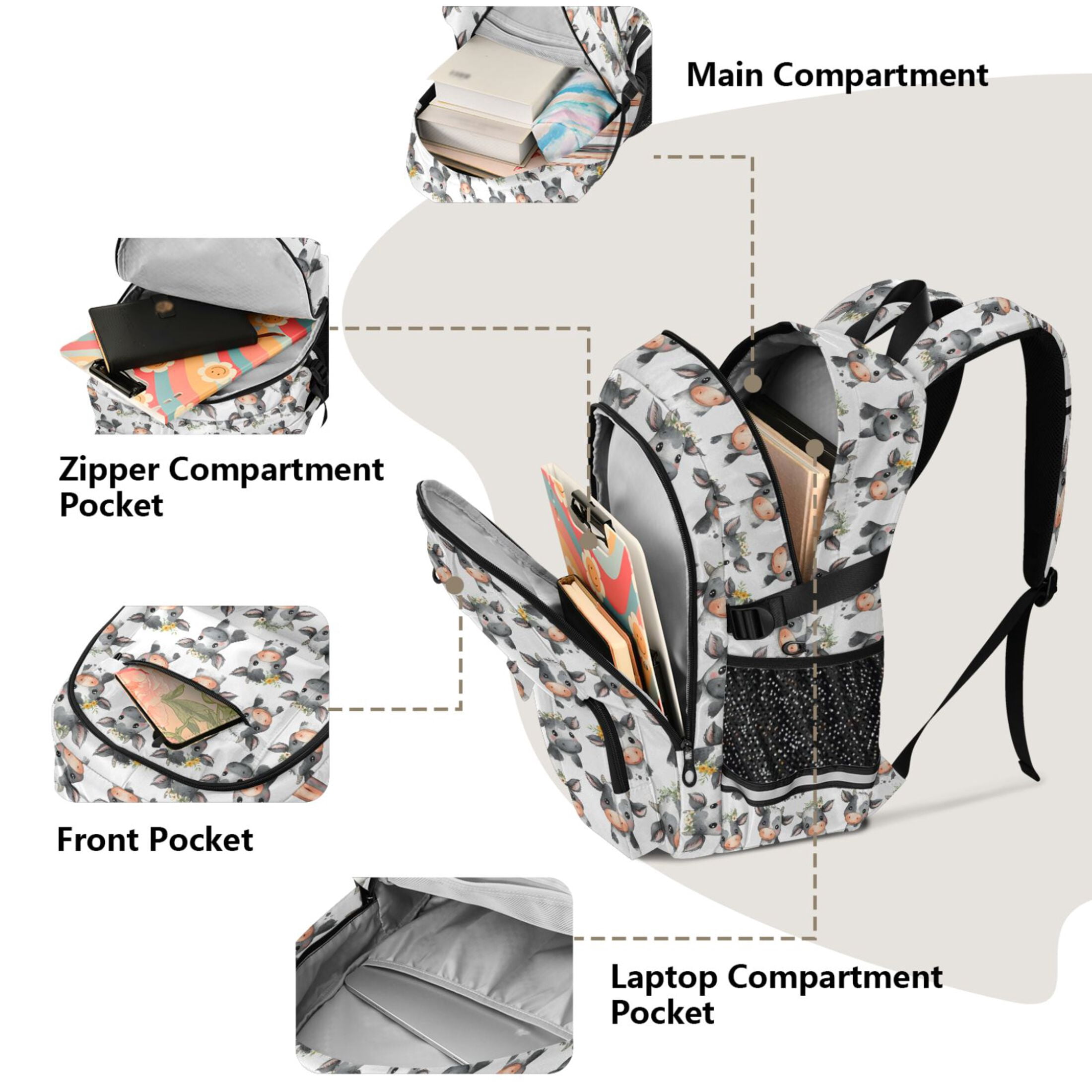 ALAZA Cute Cow with Flower Print Student Backpack School Bookbag Large Laptop Daypack Travel Bag