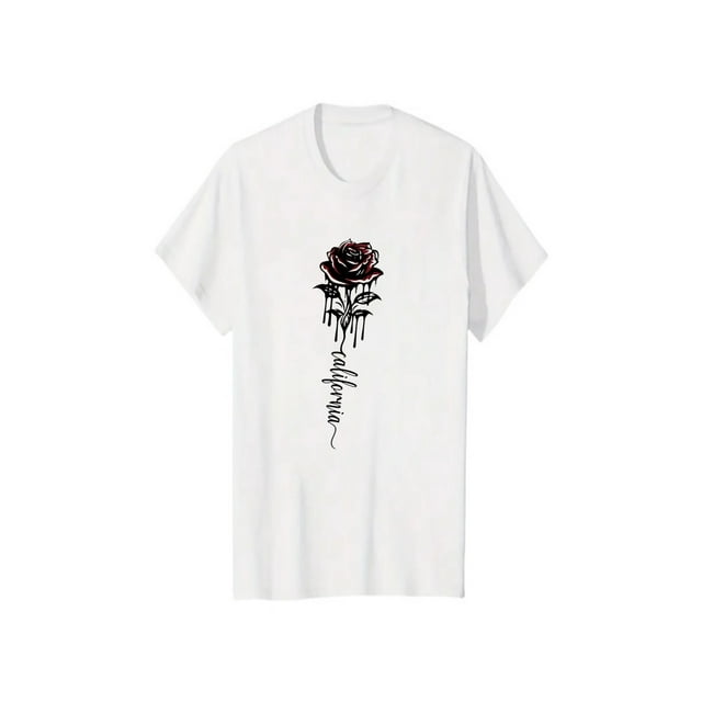 Cotton Short Sleeve T-Shirt With Comfortable Loose Fit and Stylish Rose Print For Men Casual Crew Neck Polyester Blend Quick Drying Summer Wear Streetwear Graphic Tee