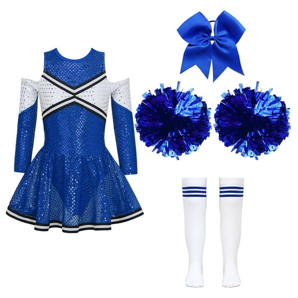 YiZYiF High School Cheer Leader Long Sleeve Shiny Dress Girls Cheerleading Halloween Carnival Party Costumes Navy Blue Suit 14