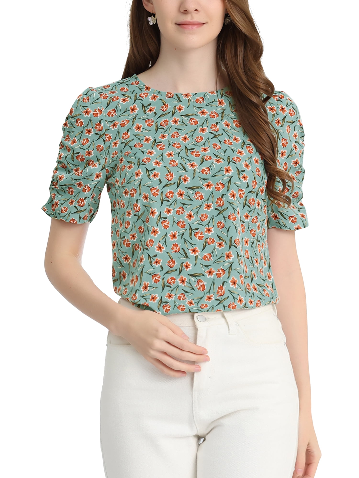 DARING DIVA Floral Crew Neck Shirred Short Sleeve Casual Top XL Teal