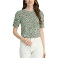 thumbnail image 1 of INSPIRE CHIC Hauts Froncés pour Femmes Col Ras du Cou Manches Courtes Dos Goutte d'Eau Blouse Florale L Sarcelle, 1 of 7