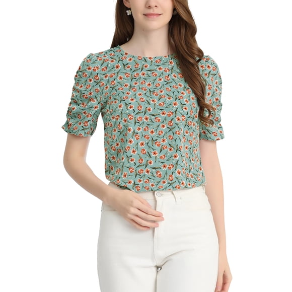 INSPIRE CHIC Women's Shirred Tops Crew Neck Short Sleeve Keyhole Back Floral Blouse L Teal