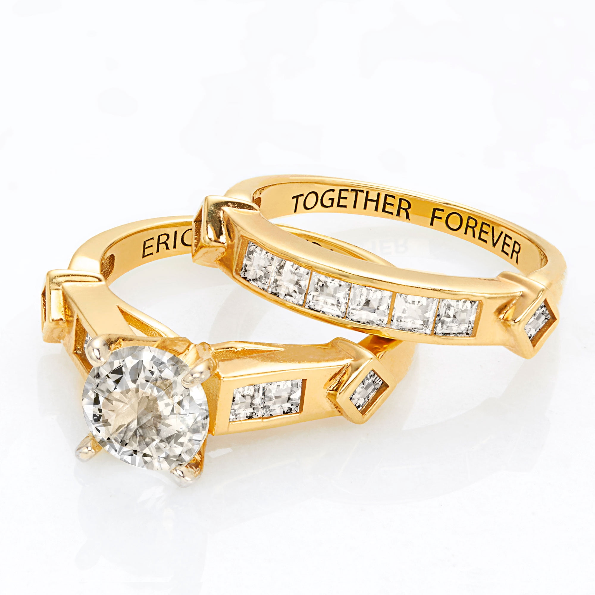 Vow & Forever Personalized Planet Bridal 14K Gold over Sterling Silver Brilliant White Topaz 2 Piece Engraved Wedding Set ,Women's