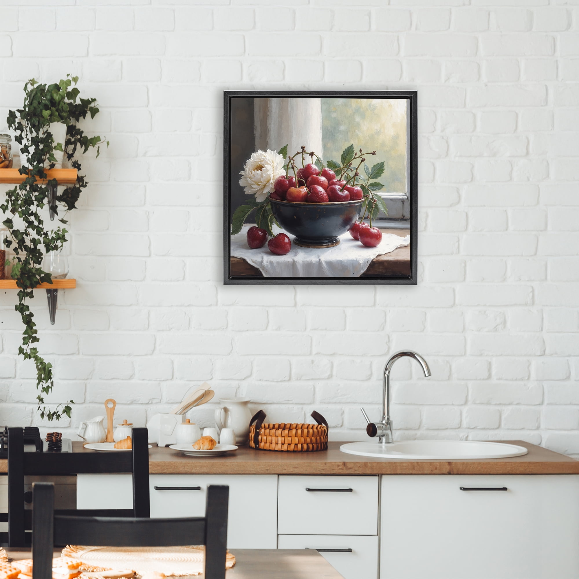 Cherry & Blossom Still Life Black Framed Floater Canvas Wall Art, design by Lettered and Lined