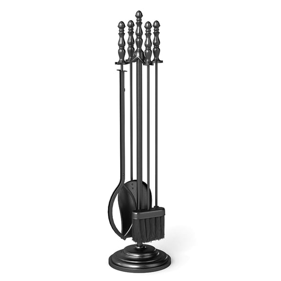 GETHFS 5PCS Fireplace Tool Set, Heavy-Duty Fire Pit Accessories with Poker, Tongs, Brush, Shovel & Stable Round Stand, Heat-Resistant Metal Indoor Fire Pit Tools for Wood-Burning & Gas Fireplaces