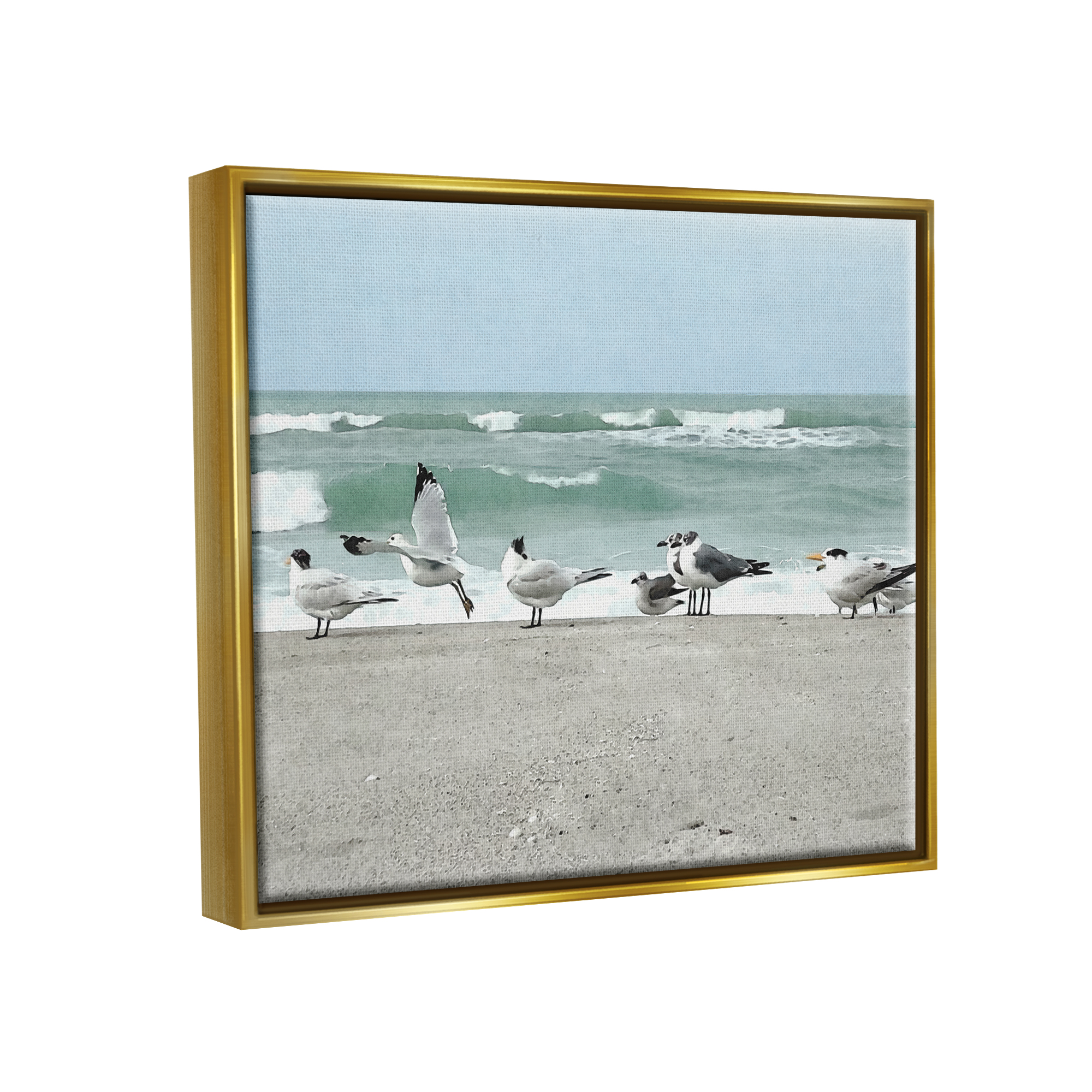 Stupell Industries Birds Gathering On Shore Rolling Ocean Waves Coastal Painting Gold Floater Framed Art Print Wall Art